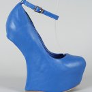 Faux Leather Leatherette Ankle Strap Heel Less Hollow Platform Wedge - Blue - 7