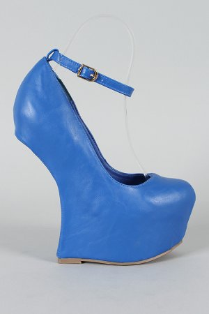 Faux Leather Leatherette Ankle Strap Heel Less Hollow Platform Wedge - Blue - 8