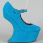 Velvet Colorblock Mary Jane Heel Less Curved Cutout Wedge - Turquoise Blue/Yellow Bottom - 8