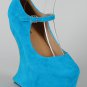 Velvet Colorblock Mary Jane Heel Less Curved Cutout Wedge - Turquoise Blue/Yellow Bottom - 8