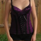 Crisscross Ribbon Bow Lace Up Lingerie Corset Bustier Top - Purple & Black - M