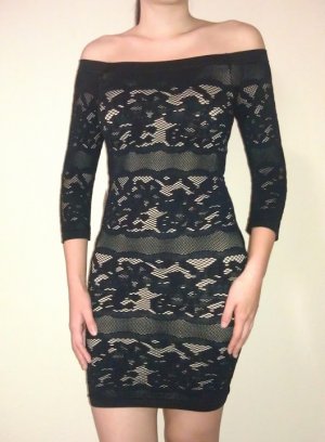 bebe Sexy Off Shoulder Lace Stripe Banded Bandage Bodycon Dress - Black & Nude - M/L
