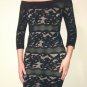 bebe Sexy Off Shoulder Lace Stripe Banded Bandage Bodycon Dress - Black & Nude - M/L