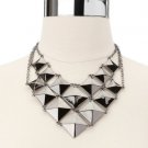 Large V Neck Chevron Pyramid Stud Statement Costume Bib Necklace - Hematite/Silver