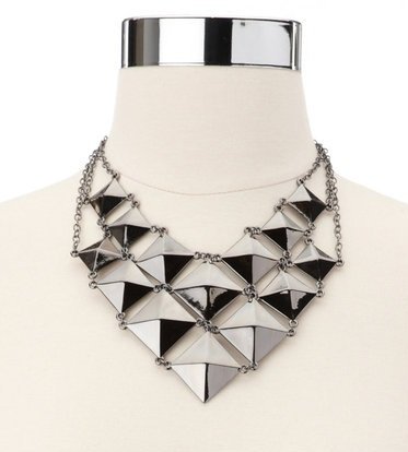 Large V Neck Chevron Pyramid Stud Statement Costume Bib Necklace - Hematite/Silver