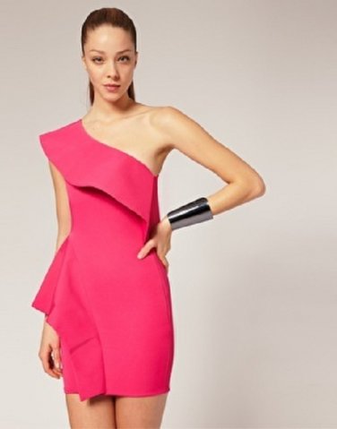 ASOS Aqua Wendy One Shoulder Peplum Dress Structured Frill Ruffle MSRP $245 - Hot Pink - US 6/UK 10