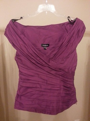 bebe Off Shoulder V Neck Shirred Ruched Rouched Cross Front Wrap Top Shirt - Fuchsia Purple - S