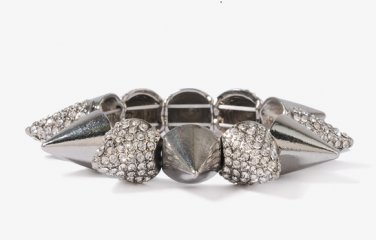 Forever 21 Painted Metal Rhinestone Pyramid Spike Stretch Bracelet - Silver