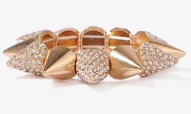 Forever 21 Painted Metal Rhinestone Pyramid Spike Stretch Bracelet - Gold