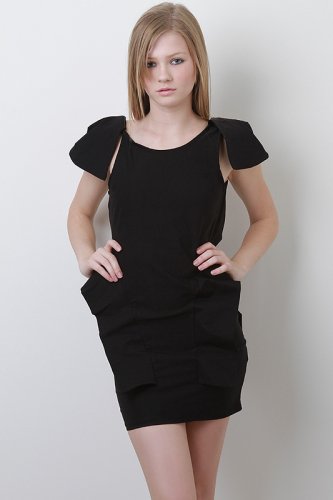 Bold Shoulder Backless Low Open Back Structured Peplum Dress - Black - S