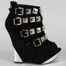 Liliana Silver Pyramid Studded Buckle Wedge Open Peep Toe Boots Suede Booties - Black - 8