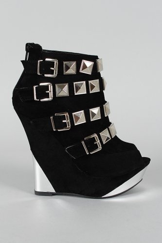 Liliana Silver Pyramid Studded Buckle Wedge Open Peep Toe Boots Suede Booties - Black - 8