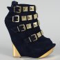 Liliana Gold Pyramid Studded Buckle Wedge Open Peep Toe Boots Suede Booties - Dark Blue/Navy- 7.5