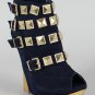 Liliana Gold Pyramid Studded Buckle Wedge Open Peep Toe Boots Suede Booties - Dark Blue/Navy- 7.5