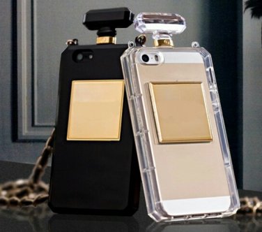 Black Designer Perfume Bottle Gold Chain Necklace Phone Cover Case for iPhone 5/5S/5C