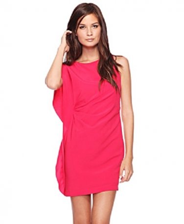 Forever 21 Ruched Rouched Pleated Asymmetrical Sleeve Dress - Hot Pink/Magenta/Fuchsia - M