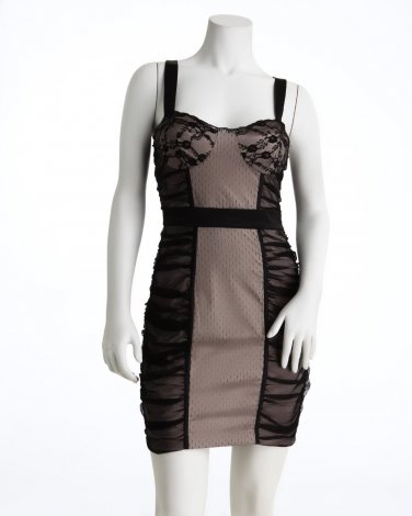 2b bebe Swiss Dot Ruched Rouched Mesh Lace Overlay Corset Bust Dress - Black & Nude - XS