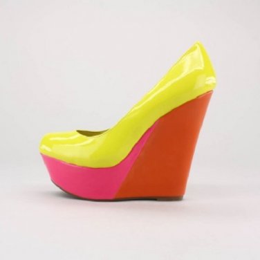 Breckelle's Cilo-88 Patent Colorblock Platform Wedge Pump - Yellow & Orange & Pink - 7.5