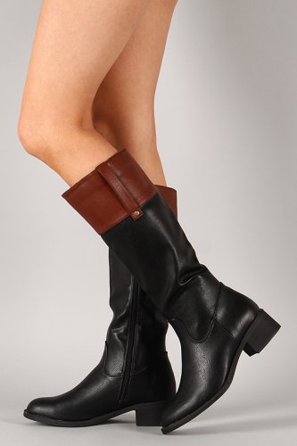 Refresh Alto-03 Faux Leather Two Tone Riding Knee High Boot - Black & Cognac Brown - 8