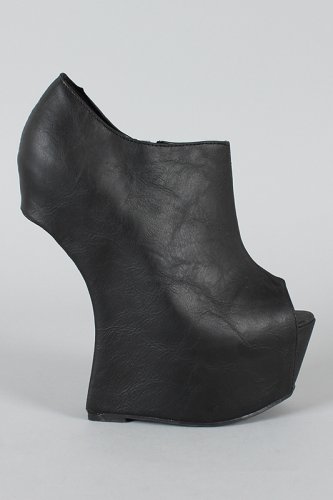 Privileged Faux Leather Open Peep Toe Platform Wedge Heel Less Ankle Boots Booties - Black - 8