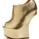 Privileged Faux Leather Open Peep Toe Platform Wedge Heel Less Ankle Boots Booties - Gold - 8