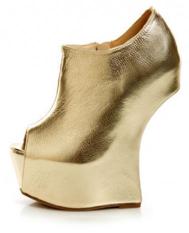 Privileged Faux Leather Open Peep Toe Platform Wedge Heel Less Ankle Boots Booties - Gold - 8