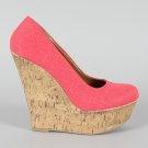 Delicious Meroz-S Linen Cork Round Toe Platform Wedge Pump - Orange/Coral - 9