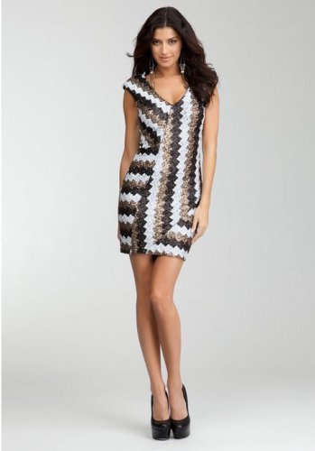 bebe Chevron Striped Sequin Bodycon Sheath Dress - Black, White & Bronze - S