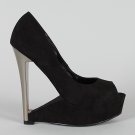 Liliana Kandi-5 Faux Suede Open Peep Toe Cut Out Platform High Heel Wedge - Black & Silver - 7.5