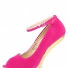 Bumper Agyness10 Open Peep Toe Heel Less Ankle Strap Curved High Wedge - Hot Pink/Fuchsia & Gold - 8