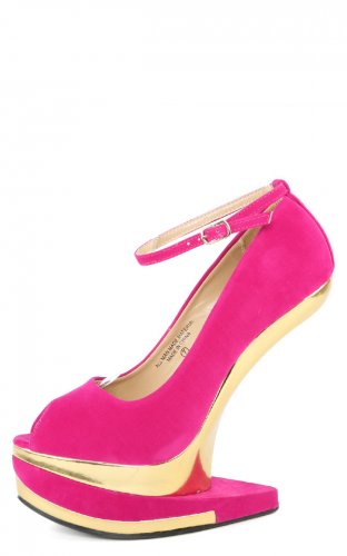 Bumper Agyness10 Open Peep Toe Heel Less Ankle Strap Curved High Wedge - Hot Pink/Fuchsia & Gold - 8