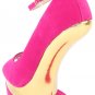 Bumper Agyness10 Open Peep Toe Heel Less Ankle Strap Curved High Wedge - Hot Pink/Fuchsia & Gold - 8