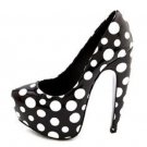 Patent Faux Leather Polkadot Curved Banana High Heel Platform Pump - Black & White - 8