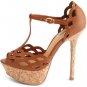 Scalloped Lace Ankle T Strap Open Peep Toe Cut Out Stiletto Sandal Heel - Brown - 8