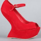 Privileged Dexter Open Peep Toe Mary Jane Heel Less Curved Wedge High Pump - Red - 7.5