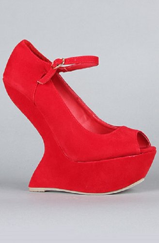 Privileged Dexter Open Peep Toe Mary Jane Heel Less Curved Wedge High Pump - Red - 7.5