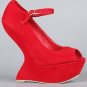 Privileged Dexter Open Peep Toe Mary Jane Heel Less Curved Wedge High Pump - Red - 7.5