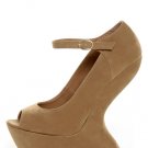Privileged Dexter Open Peep Toe Mary Jane Heel Less Curved Wedge High Pump - Tan/Taupe - 7.5