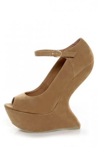 Privileged Dexter Open Peep Toe Mary Jane Heel Less Curved Wedge High Pump - Tan/Taupe - 7.5
