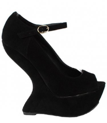 Privileged Dexter Open Peep Toe Mary Jane Heel Less Curved Wedge High Pump - Black - 7.5