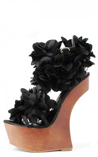 Privileged Zadie Satin Ruffle Flower Floral Heel Less High Wooden Wedge Sandal - Black - 8