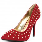 Anne Michelle Velvet Studded Spike Pointy Toe High Heel Stiletto Pump - Red & Gold - 8