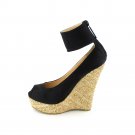 Satin Ankle Cuff Open Peep Toe Espadrille Rope Wedge High Heel Sandals - Black - 8.5
