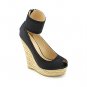 Satin Ankle Cuff Open Peep Toe Espadrille Rope Wedge High Heel Sandals - Black - 8.5