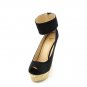 Satin Ankle Cuff Open Peep Toe Espadrille Rope Wedge High Heel Sandals - Black - 8.5