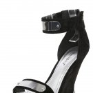 Faux Suede Silver Metal Plate Ankle Strap High Heel Platform Wedge - Black - 8