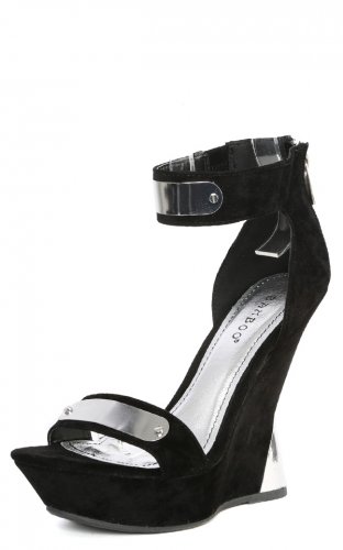 Faux Suede Silver Metal Plate Ankle Strap High Heel Platform Wedge - Black - 8