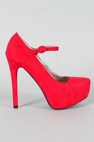 Faux Suede Mary Jane Pointed Pointy Toe Platform High Heel Stiletto Pump - Red - 8