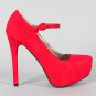 Faux Suede Mary Jane Pointed Pointy Toe Platform High Heel Stiletto Pump - Red - 8