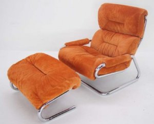 Mid Century Modern Tubular Chrome Suede Upholstery Lounge Chair Ottoman Bauhaus